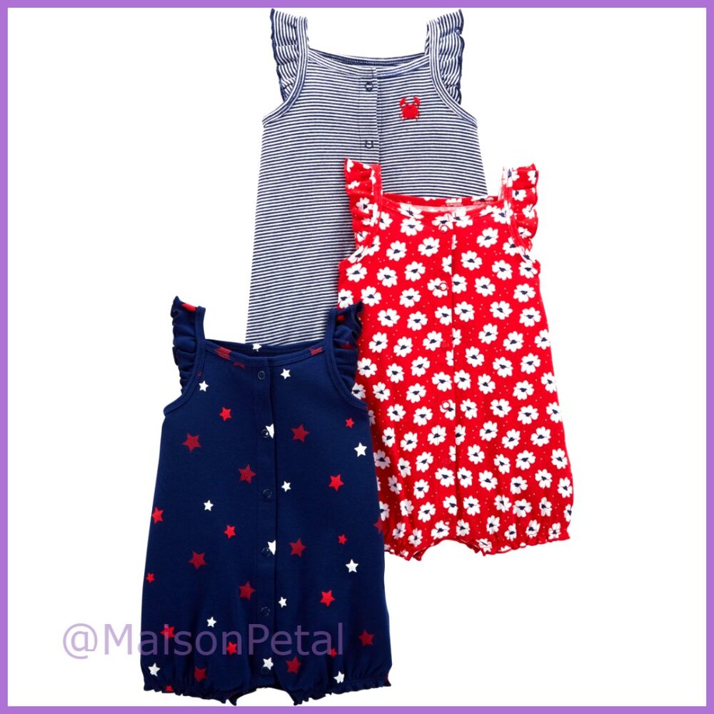 3-Pack Snap-Up Rompers, 100% Cotton, Short Sleeve & Leg